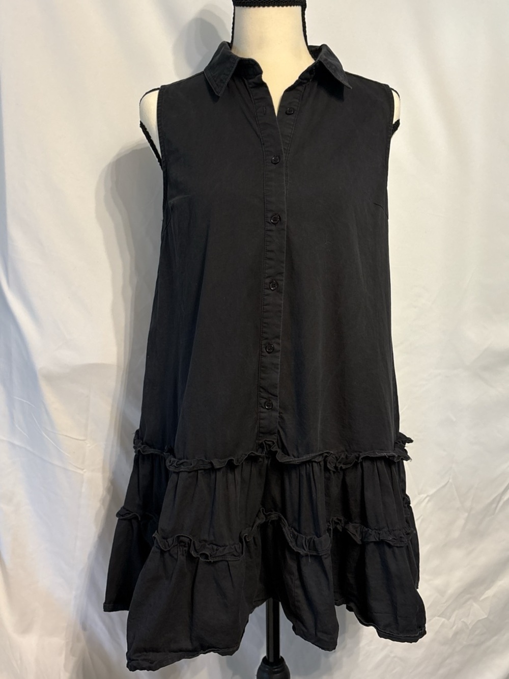fab'rik Black Sleeveless Button-Front Cotton Ruffle Hem Mini Dress SZ L